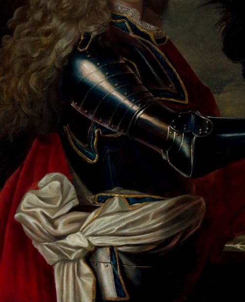 fig 5. An 18th-century oil painting on canvas depicting a gentleman in plate armour and a full wig within a carved gold gilt frame.