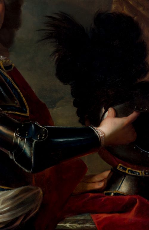 fig 6. An 18th-century oil painting on canvas depicting a gentleman in plate armour and a full wig within a carved gold gilt frame.