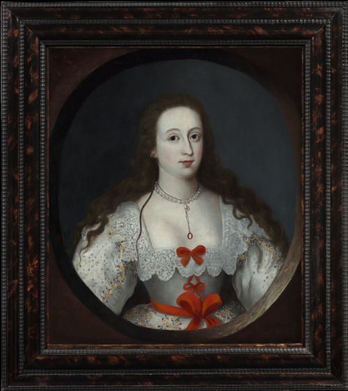 Jacobean Portrait of a Young Lady with Long Hair, in White Dress with Red Bows, C.1620-1630; Circle of Cornelius Johnson (1593–1661), Oil on Canvas Painting