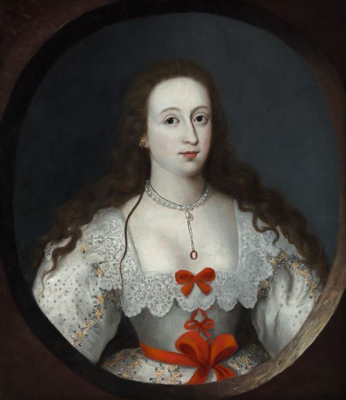fig 1. A 17th-century Jacobean oil portrait depicting a lady with long dark hair in a white lace dress with red ribbon bows, framed in dark wood.