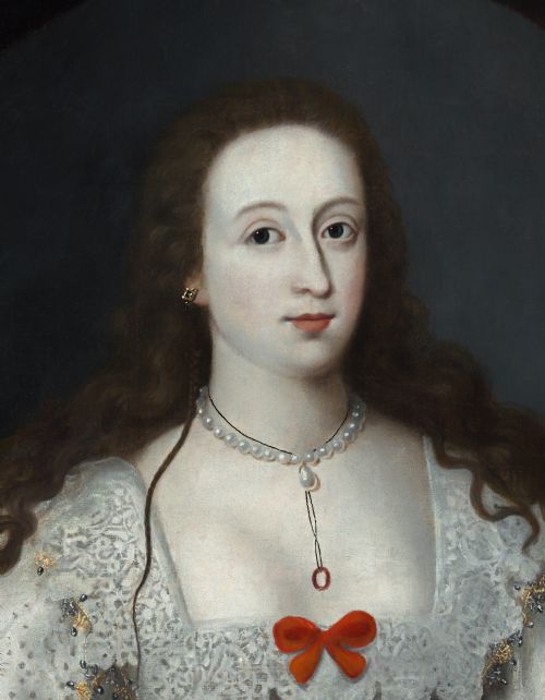 fig 2. A 17th-century Jacobean oil portrait depicting a lady with long dark hair in a white lace dress with red ribbon bows, framed in dark wood.
