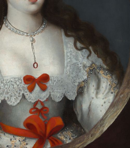 fig 3. A 17th-century Jacobean oil portrait depicting a lady with long dark hair in a white lace dress with red ribbon bows, framed in dark wood.