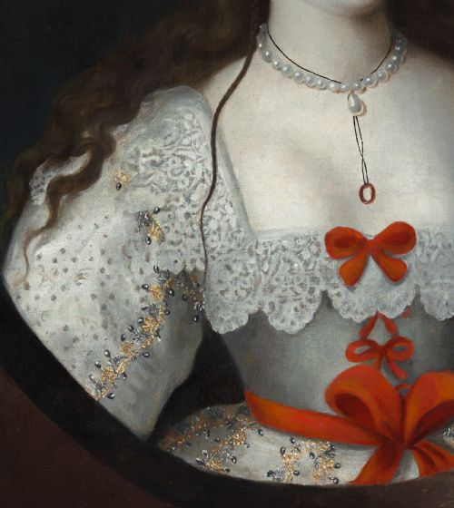 fig 4. A 17th-century Jacobean oil portrait depicting a lady with long dark hair in a white lace dress with red ribbon bows, framed in dark wood.