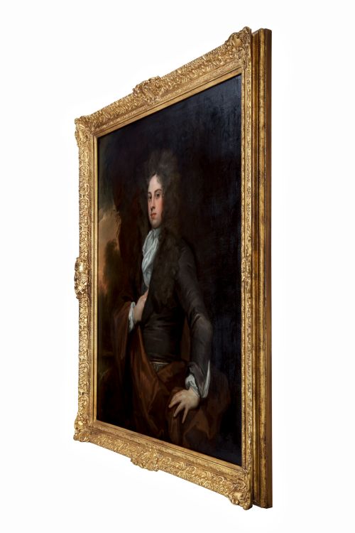 fig 1. An 18th-century oil portrait depicting a young man in a wig and dark coat within an ornate gold gilt frame.