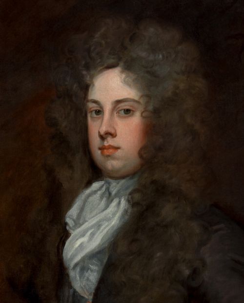 fig 7. An 18th-century oil portrait depicting a young man in a wig and dark coat within an ornate gold gilt frame.