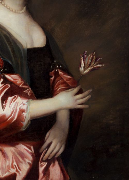 fig 2. A seventeenth-century oil portrait of a lady wearing a black dress with red satin sleeves and pearls, housed in a carved gilded frame.