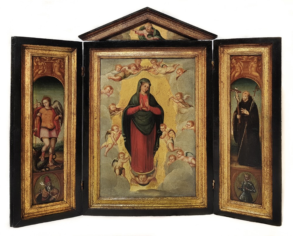 18th Century Spanish Triptych of Christ, the Madonna, St Michael, and Saint Francis; oil on wood