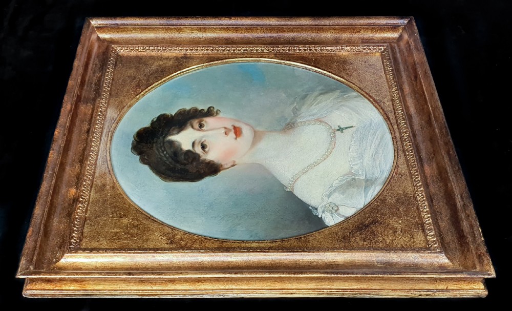 Portrait of a Lady in a White Dress with Pearl Jewellery c.1820; Follower of Henry Wyatt (1794-1840), oil on canvas painting View III