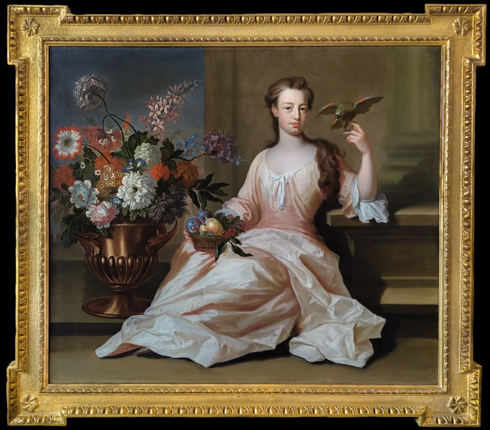 Portrait of a Lady with a Vase of Flowers, Signed & Dated 1714, by London artist Rudolphus Schmutz (1670-c.1715), Antique oil on canvas painting, Rare signed work