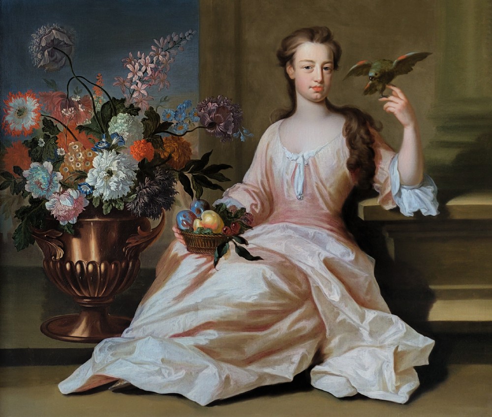 Portrait of a Lady with a Vase of Flowers, Signed & Dated 1714, by London artist Rudolphus Schmutz (1670-c.1715), Antique oil on canvas painting, Rare signed work View III