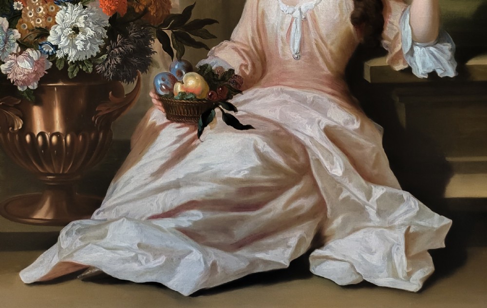 Portrait of a Lady with a Vase of Flowers, Signed & Dated 1714, by London artist Rudolphus Schmutz (1670-c.1715), Antique oil on canvas painting, Rare signed work View IV