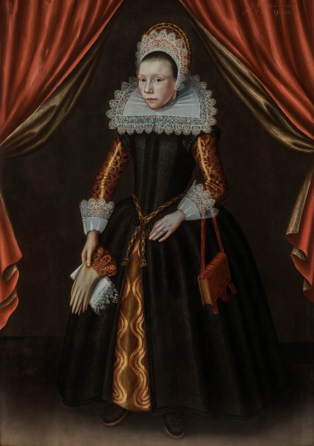Portrait of a Noble Girl aged 9 in a Black Dress, Lace Ruff & Cuffs, dated 1619; Circle of Cornelis van der Voort (1576- 1624), Oil on cradled panel painting View III
