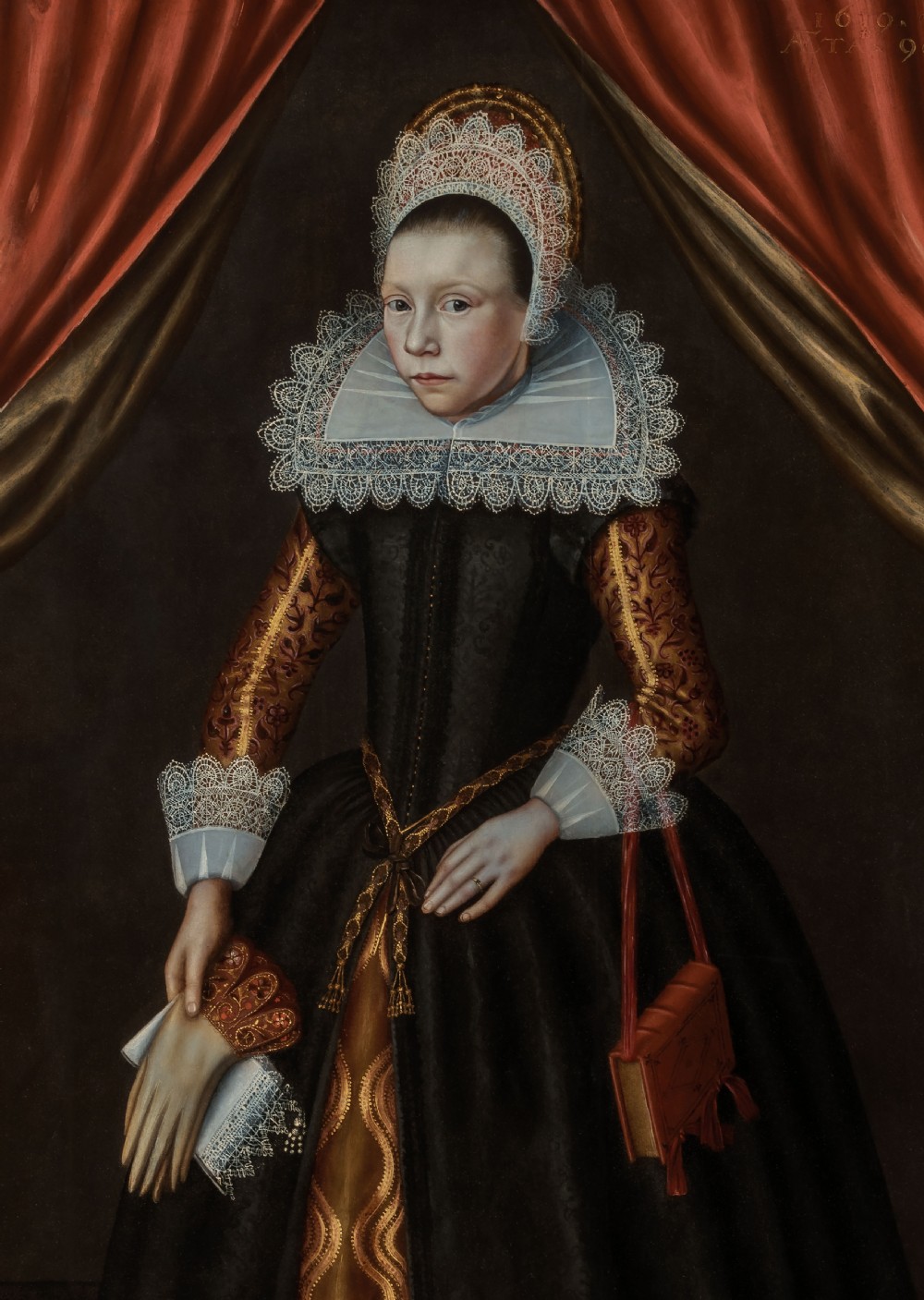 Portrait of a Noble Girl aged 9 in a Black Dress, Lace Ruff & Cuffs, dated 1619; Circle of Cornelis van der Voort (1576- 1624), Oil on cradled panel painting View IV