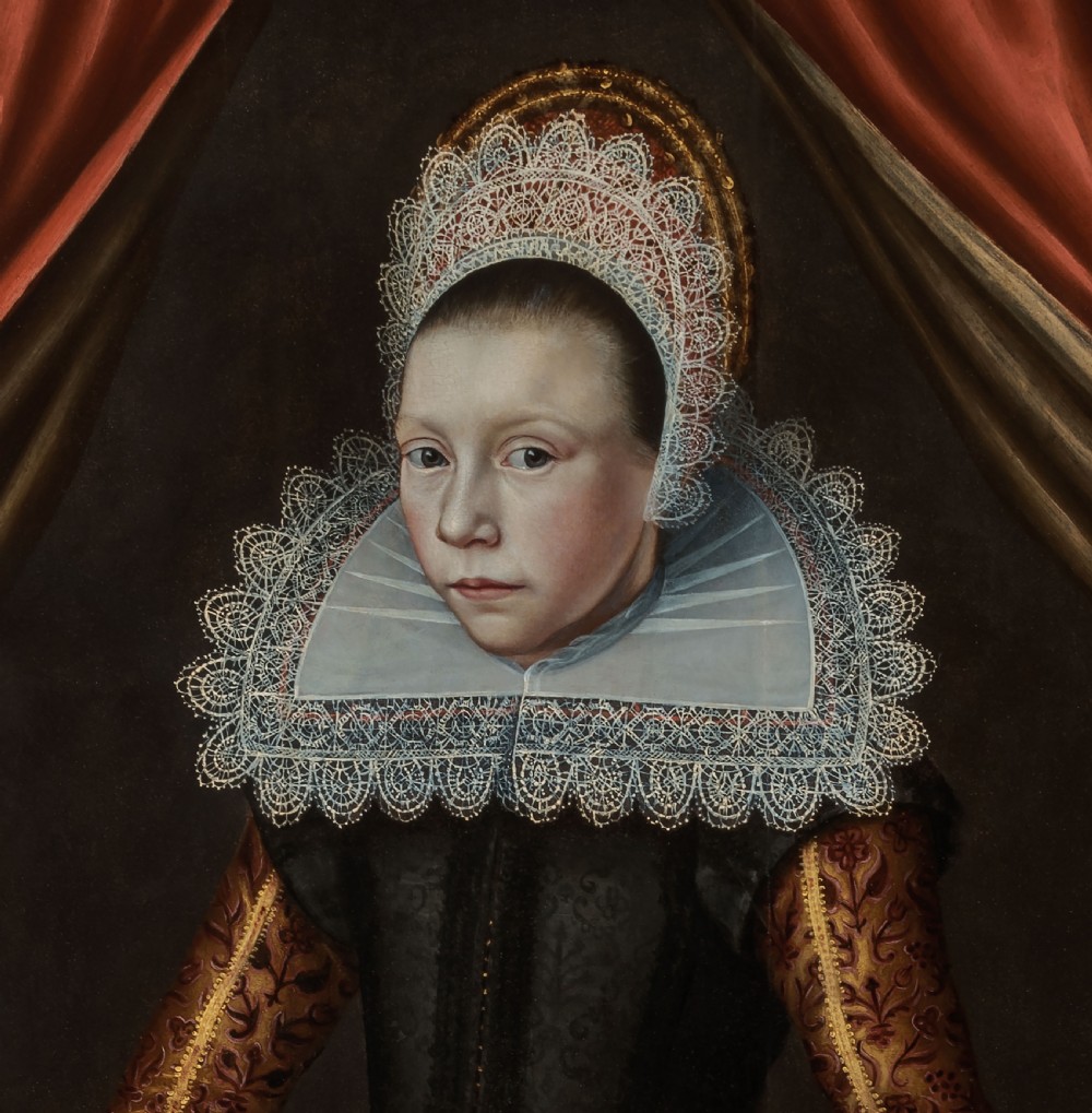 Portrait of a Noble Girl aged 9 in a Black Dress, Lace Ruff & Cuffs, dated 1619; Circle of Cornelis van der Voort (1576- 1624), Oil on cradled panel painting View V