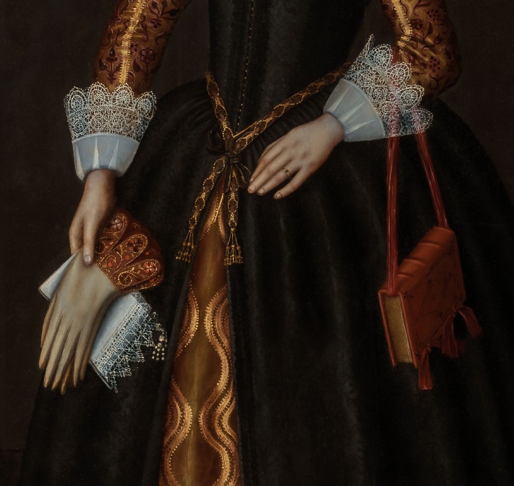 Portrait of a Noble Girl aged 9 in a Black Dress, Lace Ruff & Cuffs, dated 1619; Circle of Cornelis van der Voort (1576- 1624), Oil on cradled panel painting View VI