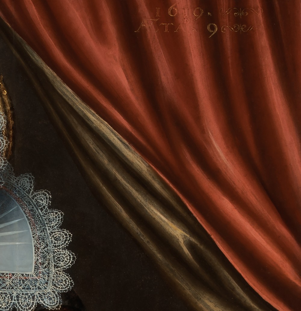 Portrait of a Noble Girl aged 9 in a Black Dress, Lace Ruff & Cuffs, dated 1619; Circle of Cornelis van der Voort (1576- 1624), Oil on cradled panel painting View VII