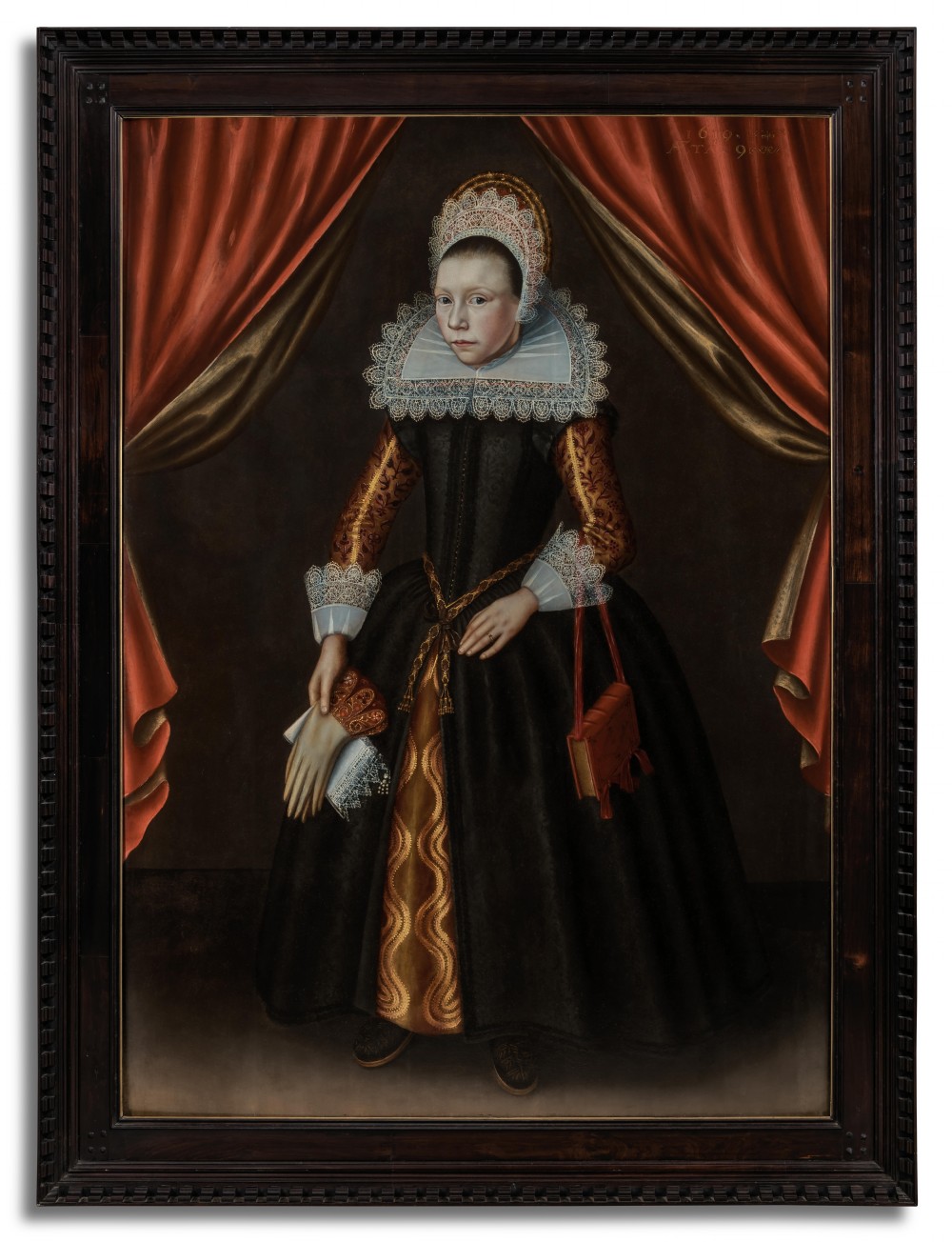 Portrait of a Noble Girl aged 9 in a Black Dress, Lace Ruff & Cuffs, dated 1619; Circle of Cornelis van der Voort (1576- 1624), Oil on cradled panel painting