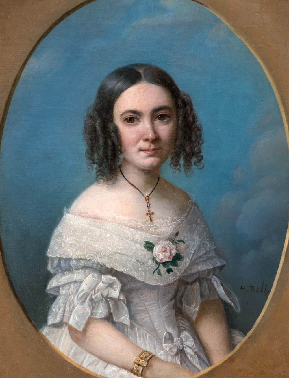 Portrait of a Young Lady in a White Dress 1840’s; Heinrich Beltz (1801-1869), Oil On Canvas Painting, Signed View II