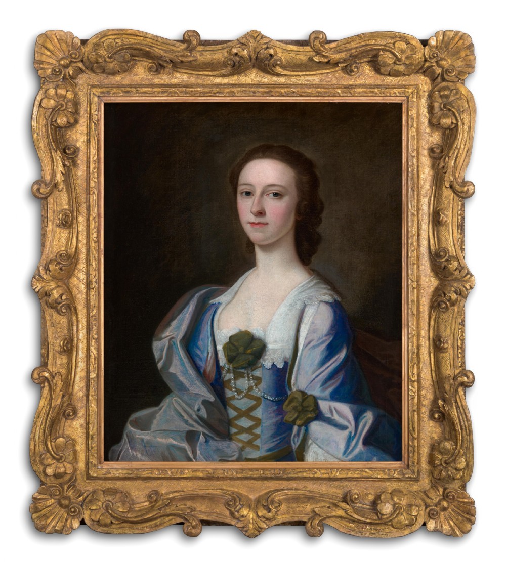 Dated 1752, signed, Portrait of a Lady in a Blue and Pink Silk Dress, Possibly Mrs Rowe; by Henry Pickering (c.1720-1770/71), oil on canvas painting