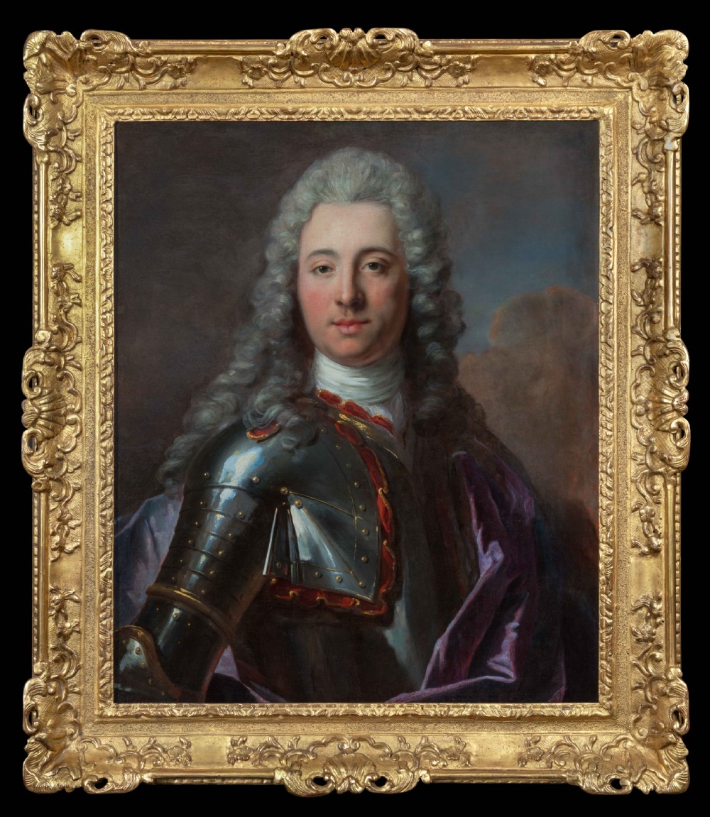 Portrait of a Gentleman in Armour and Mauve Cloak c.1740; Studio of Louis Tocqué (1696–1772), Antique oil on canvas painting