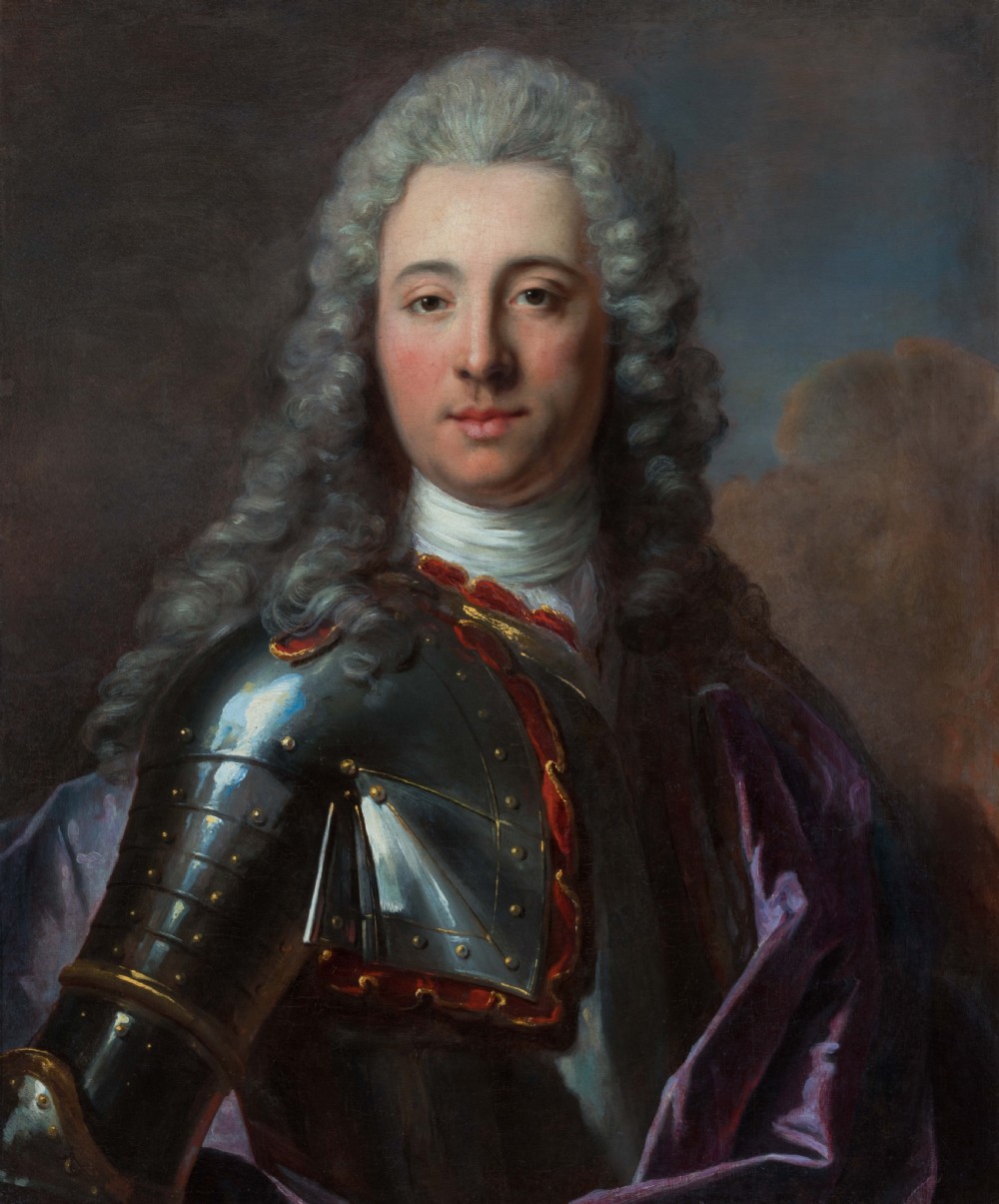 Portrait of a Gentleman in Armour and Mauve Cloak c.1740; Studio of Louis Tocqué (1696–1772), Antique oil on canvas painting View III