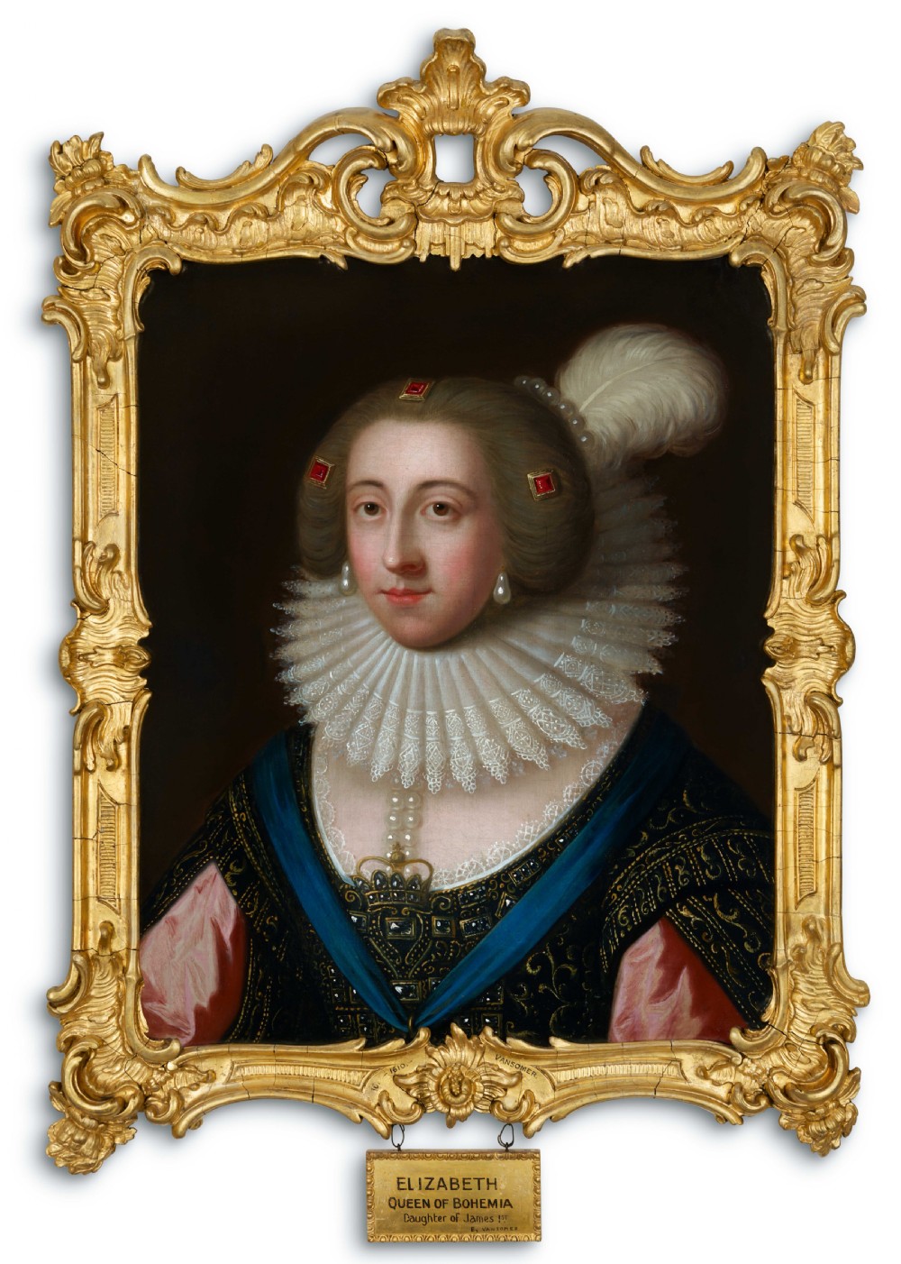 Portrait of Elizabeth, Queen of Bohemia & Electress Palatine, Oil on canvas painting, Fine Gilded Frame; Manner of Paul van Somer (c.1576-1621)
English School