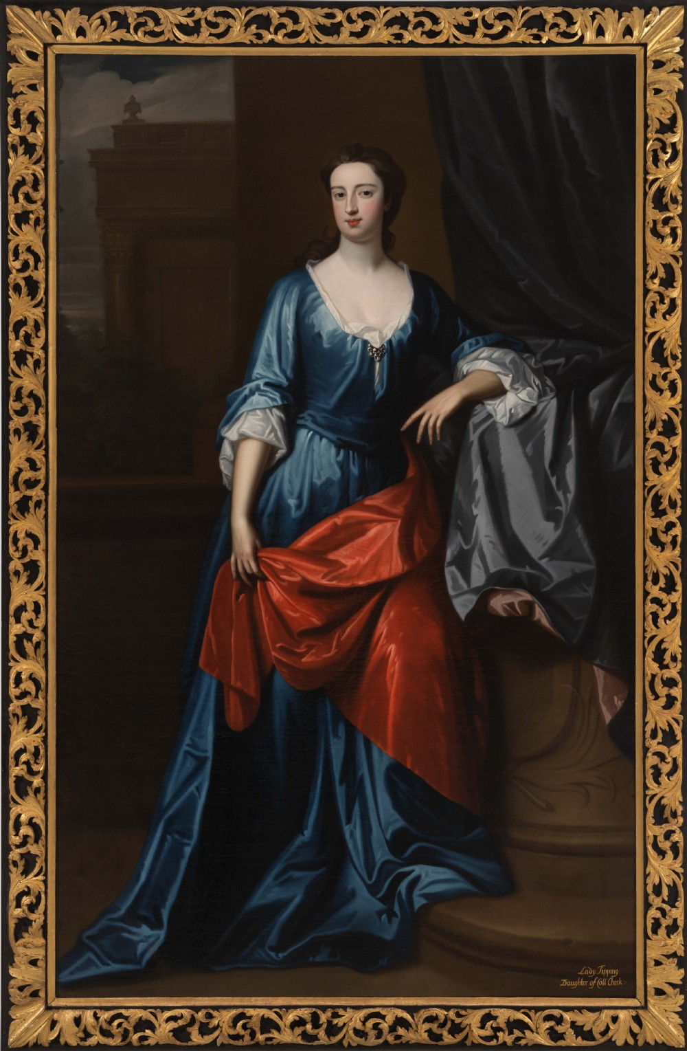 c.1705 Portrait of Anne, Lady Tipping Cheke in a Blue Silk Dress Standing on a Porch; Circle of Sir Godfrey Kneller (1646-1723), Oil on canvas