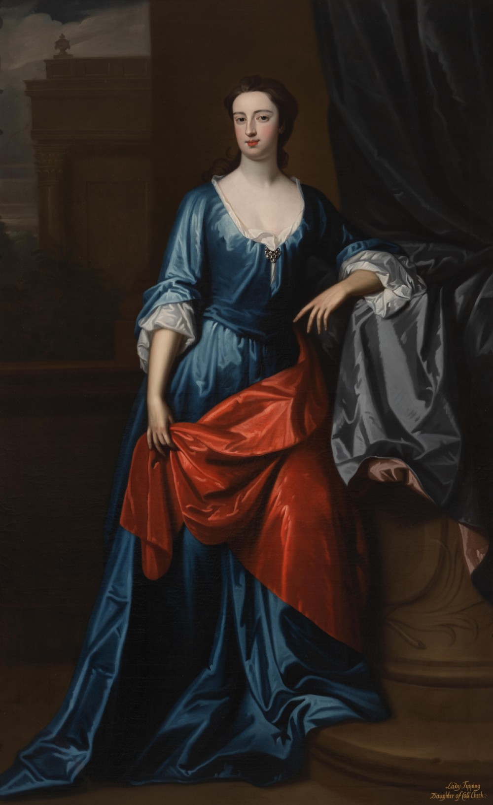 c.1705 Portrait of Anne, Lady Tipping Cheke in a Blue Silk Dress Standing on a Porch; Circle of Sir Godfrey Kneller (1646-1723), Oil on canvas View VI