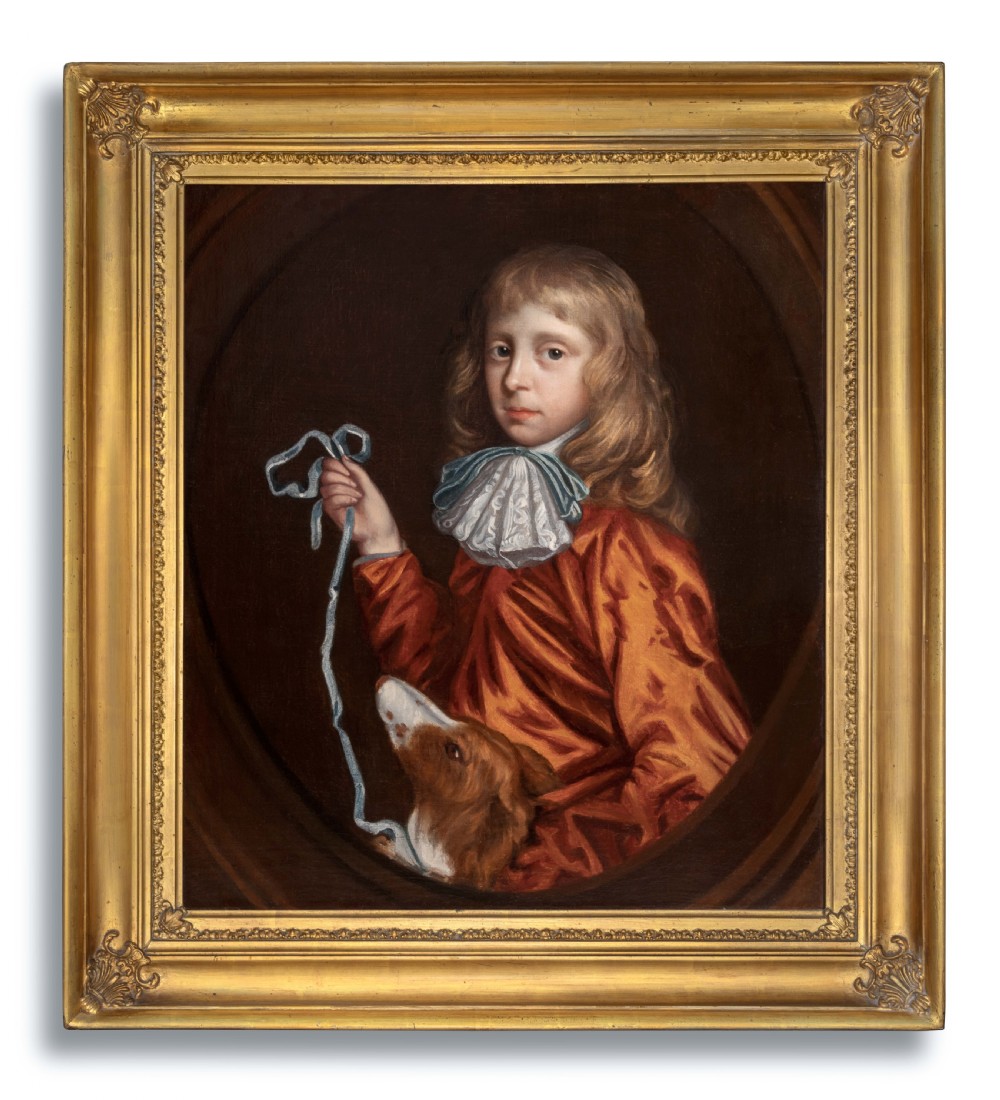 c.1680 Portrait of a Boy Gentleman and Pet Dog; Circle of Mary Beale (c.1633-c.1699), Antique oil on canvas painting
