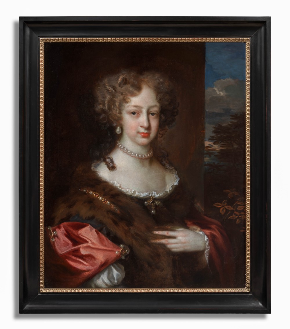 c.1675 Portrait of a Lady with a Crimson Wrap and Fur; Jacob Huysmans (c.1633-1696) Dutch Old Master, Antique oil on canvas painting