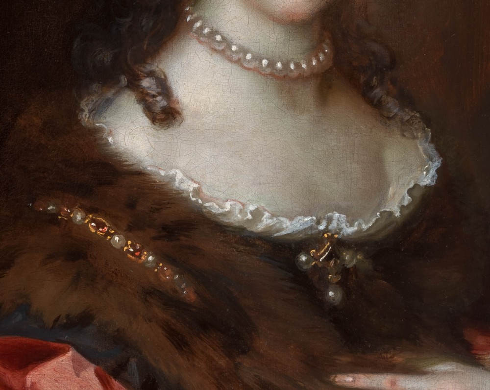 c.1675 Portrait of a Lady with a Crimson Wrap and Fur; Jacob Huysmans (c.1633-1696) Dutch Old Master, Antique oil on canvas painting View V