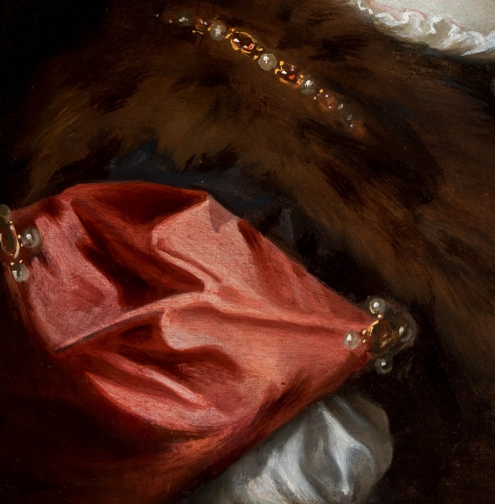 c.1675 Portrait of a Lady with a Crimson Wrap and Fur; Jacob Huysmans (c.1633-1696) Dutch Old Master, Antique oil on canvas painting View VI