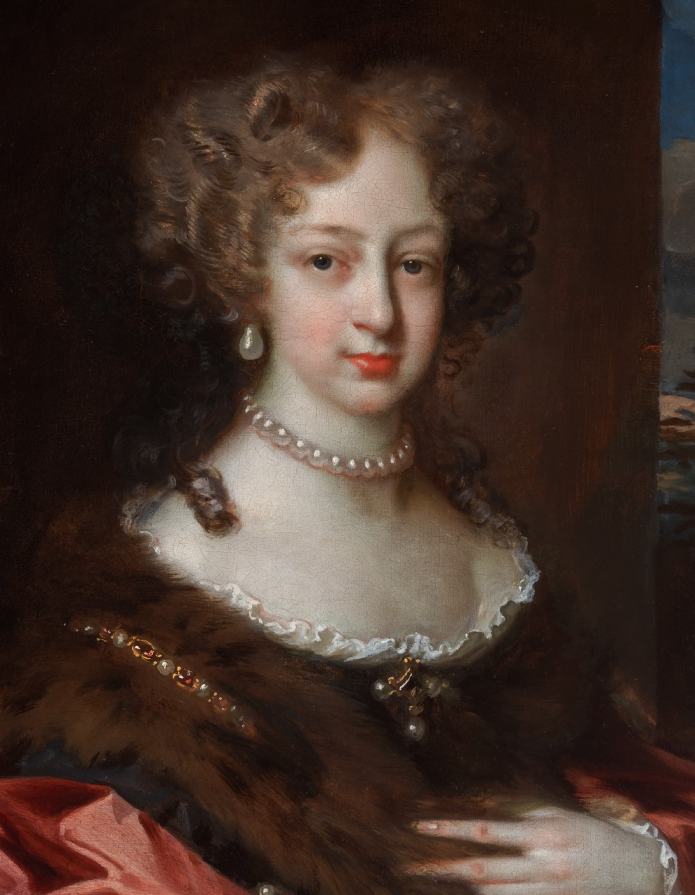 c.1675 Portrait of a Lady with a Crimson Wrap and Fur; Jacob Huysmans (c.1633-1696) Dutch Old Master, Antique oil on canvas painting View VIII