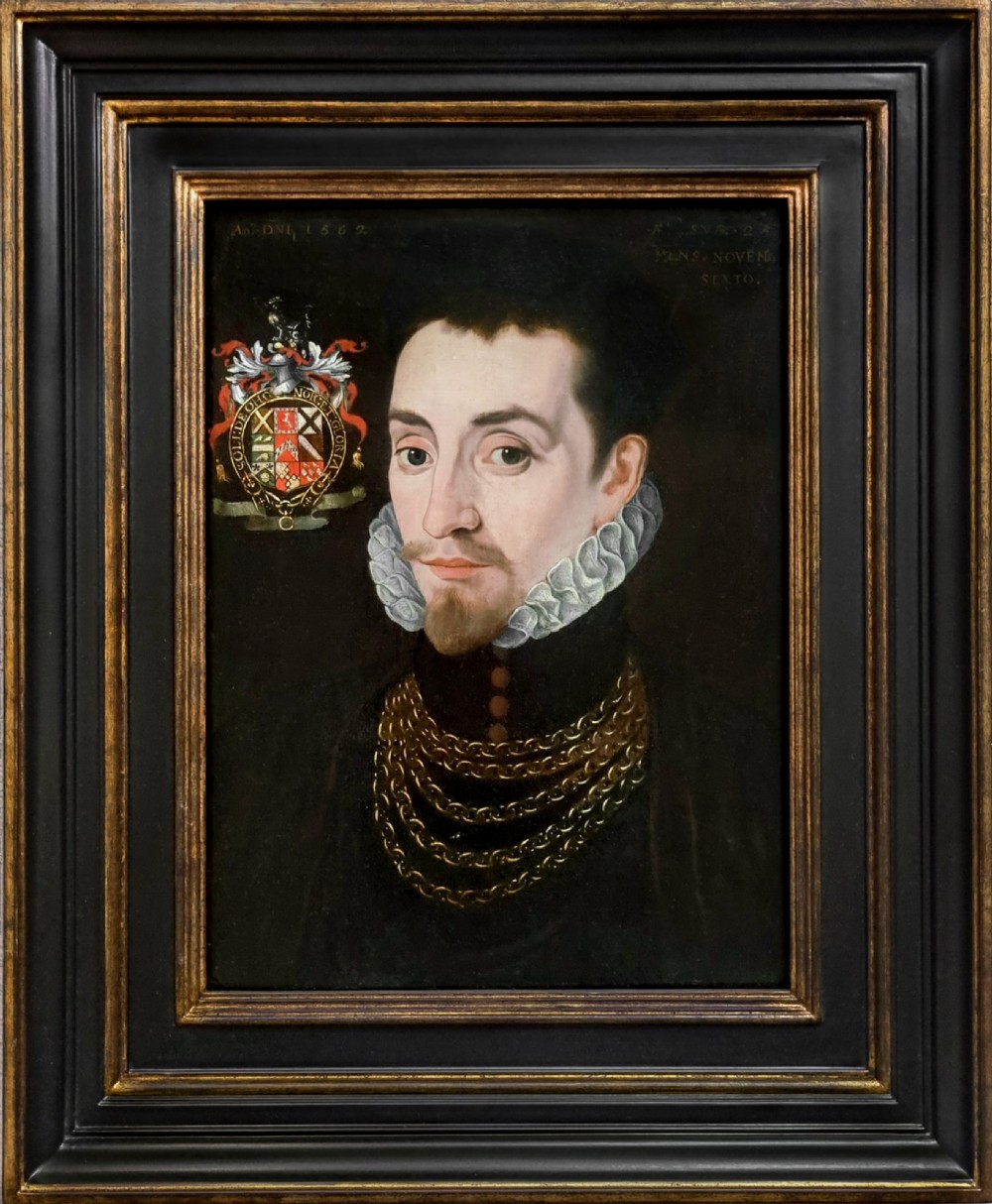 Portrait of an Elizabethan Gentleman, Edmund Huddleston, Dated 1562; Follower of George Gower (1540-1596), Oil on panel painting