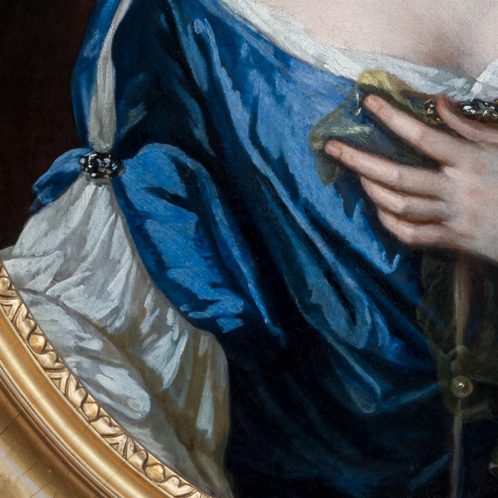 c.1675 Portrait of a Lady in a Blue Gown Holding a Sheer Scarf; Studio of Sir Godfrey Kneller (1646-1723), Oil on canvas painting View VIII