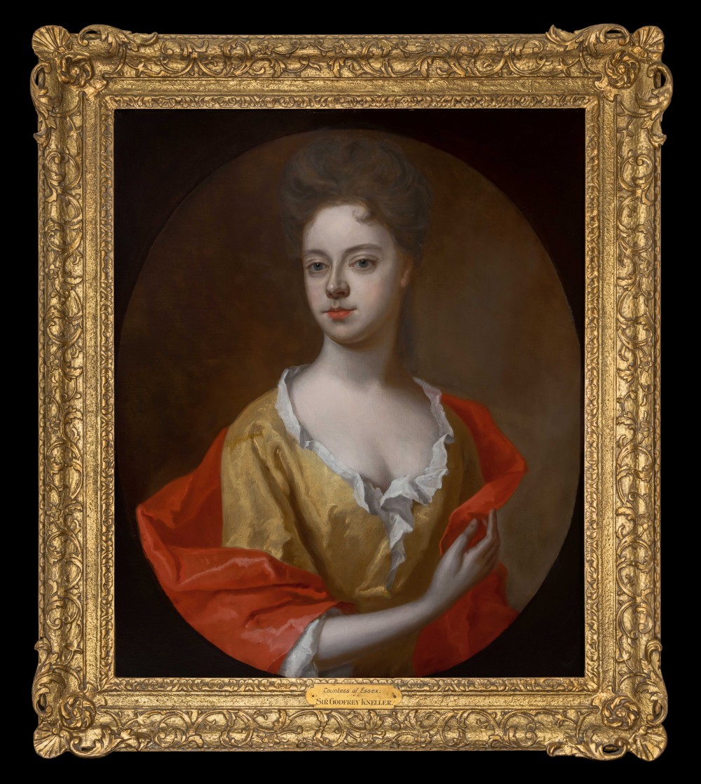 c.1698 Portrait of Lady Mary Capel, Countess of Essex in Yellow Silk Dress & Red Mantle; Circle of Sir Godfrey Kneller, Oil on canvas painting