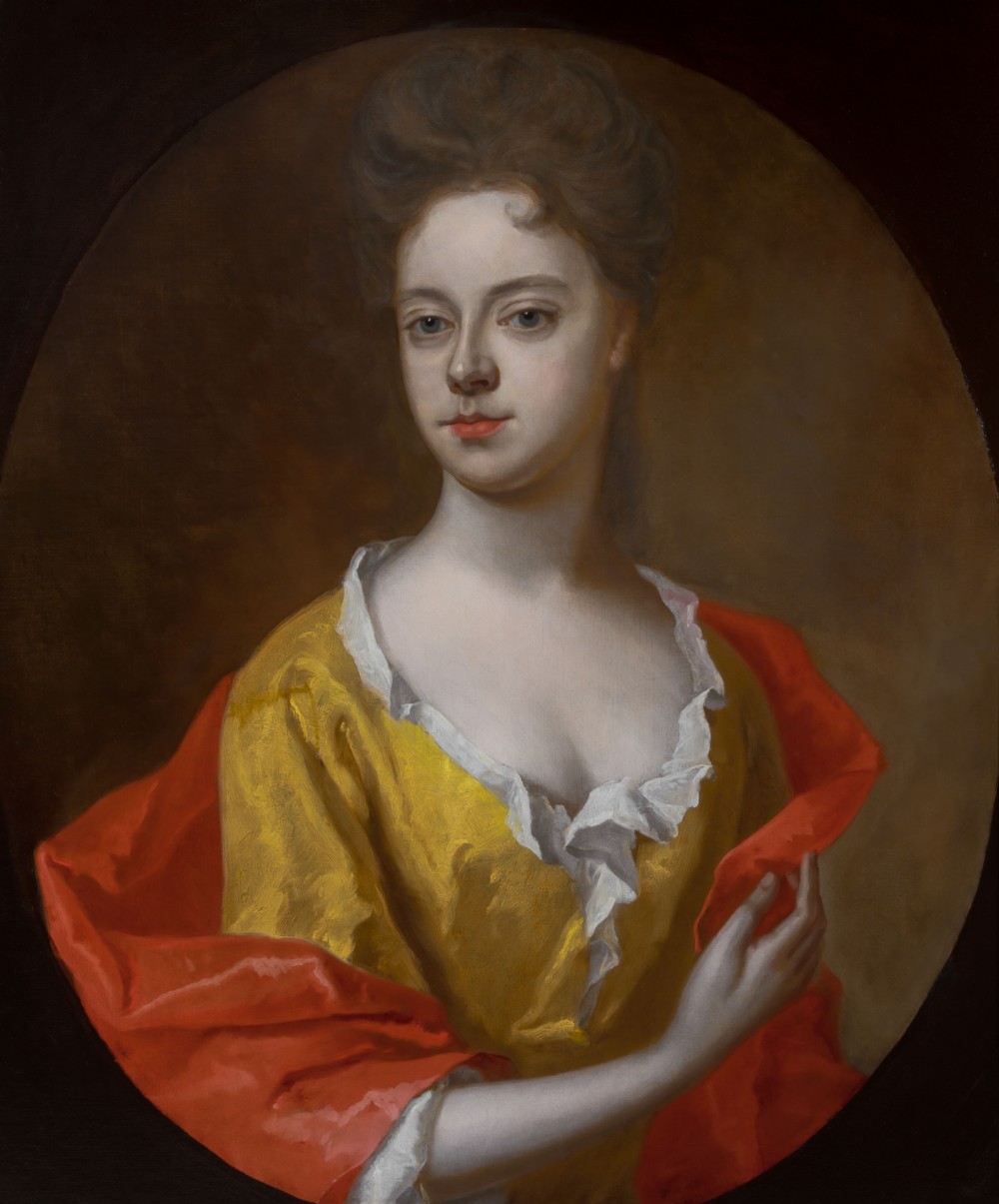 c.1698 Portrait of Lady Mary Capel, Countess of Essex in Yellow Silk Dress & Red Mantle; Circle of Sir Godfrey Kneller, Oil on canvas painting View III
