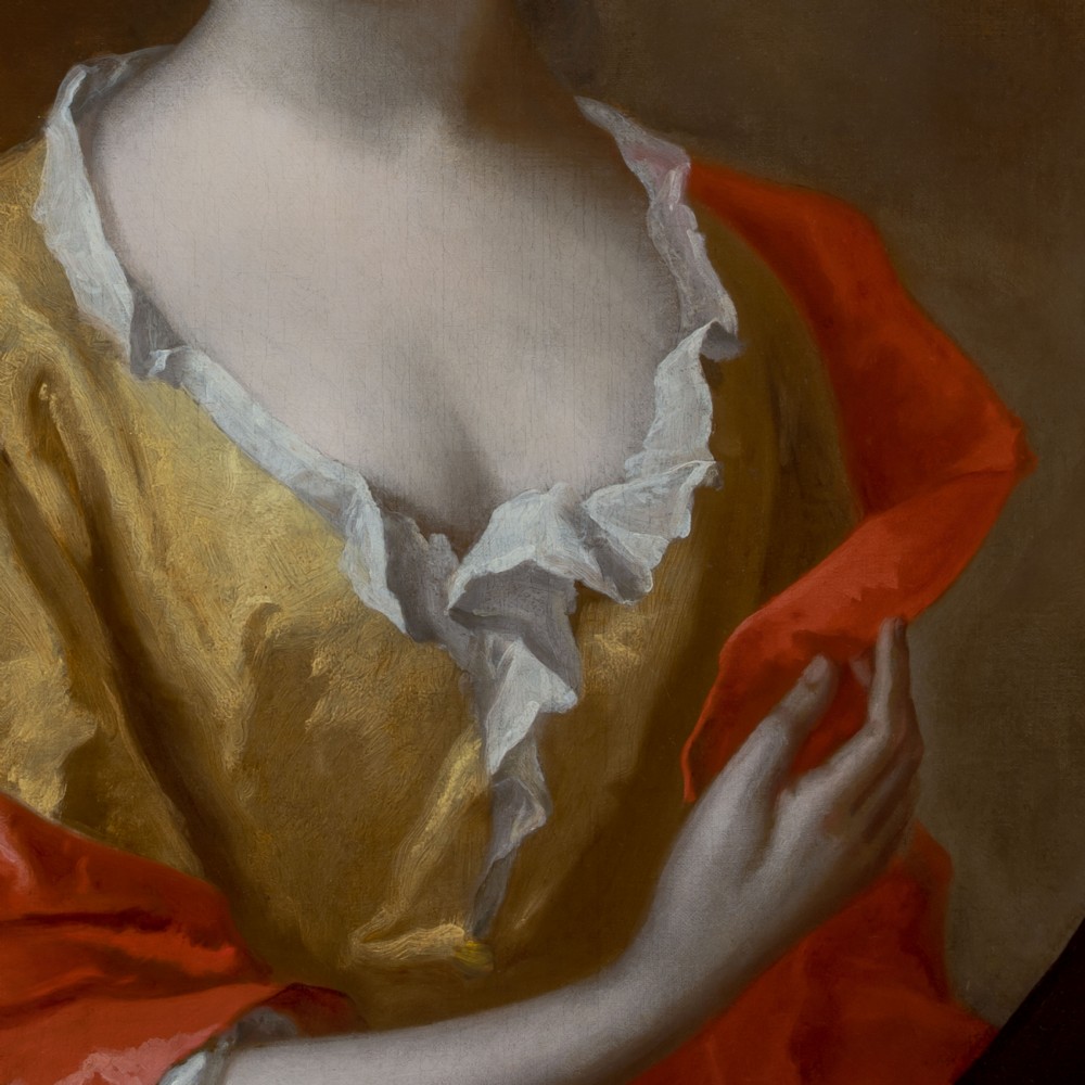 c.1698 Portrait of Lady Mary Capel, Countess of Essex in Yellow Silk Dress & Red Mantle; Circle of Sir Godfrey Kneller, Oil on canvas painting View IV