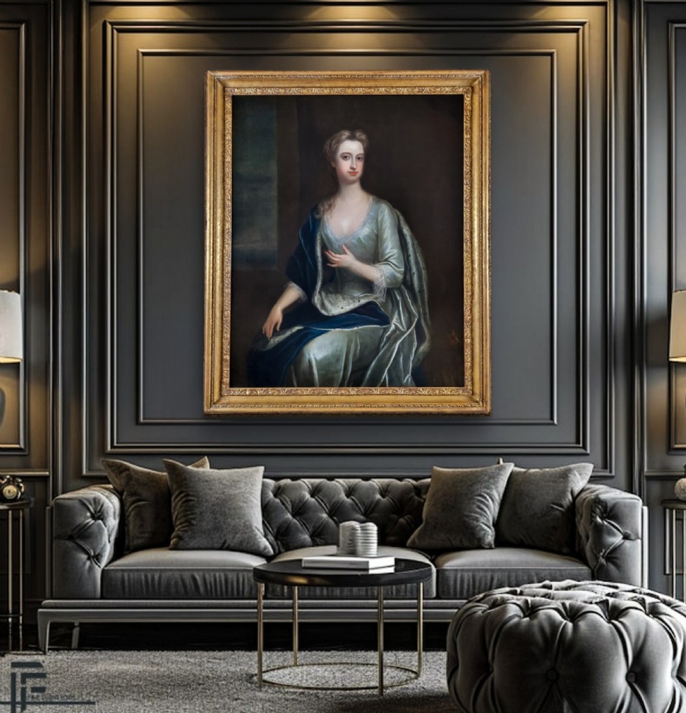 Portrait of a Lady, Frances, Viscountess Scudamore in a Silver Dress and Blue Cloak c.1709-1719; By Charles Jervas (1675-1739), Oil on canvas painting View II