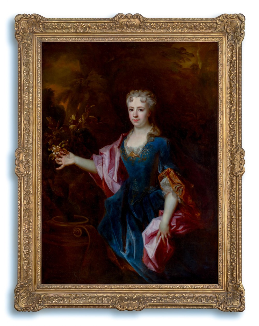 c.1720 Portrait of a Lady in Blue Holding a Flower, Marie-Madeleine de Chamillart; Studio of Robert Levrac-Tournières (1667-1752), Oil on canvas painting