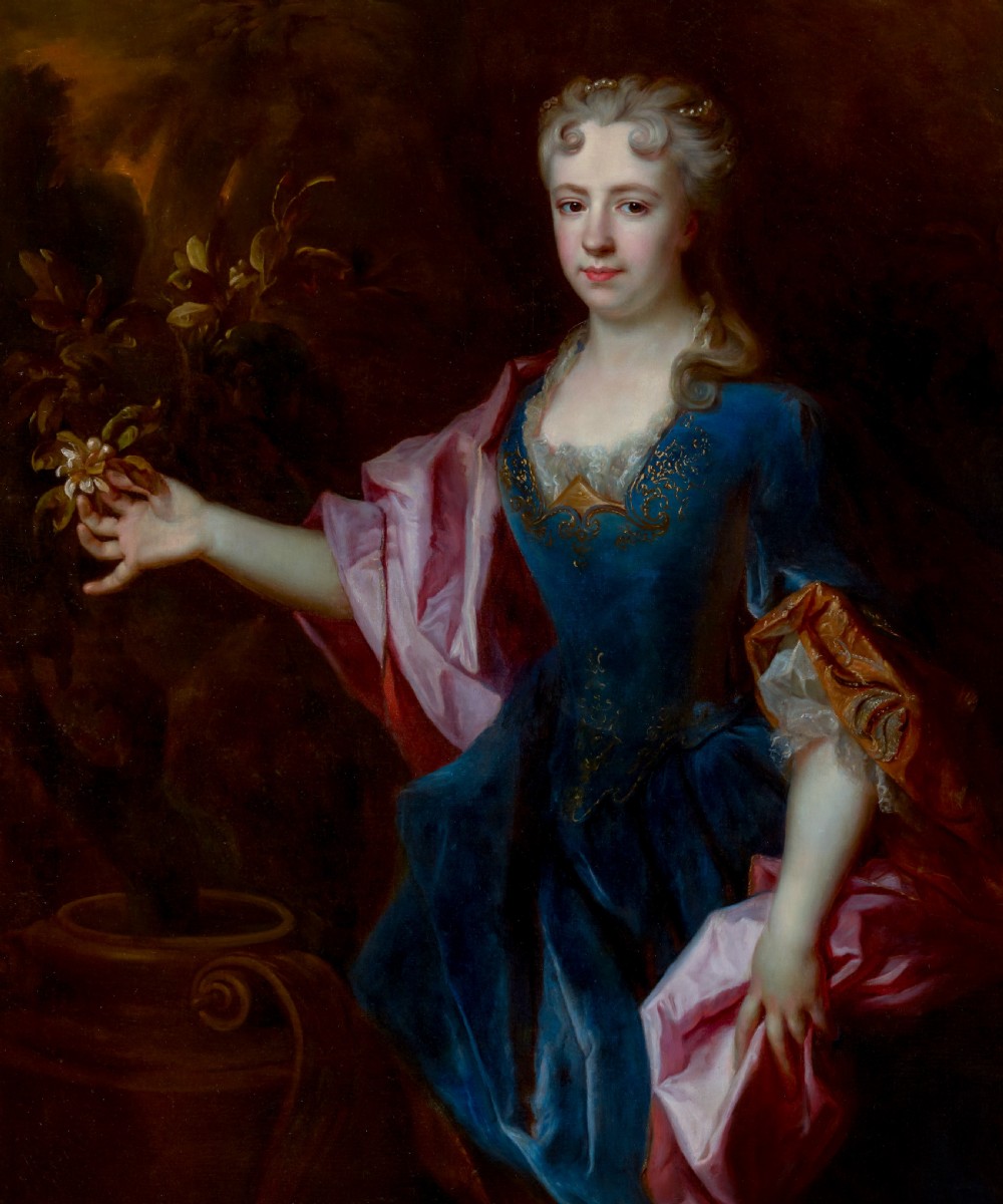 c.1720 Portrait of a Lady in Blue Holding a Flower, Marie-Madeleine de Chamillart; Studio of Robert Levrac-Tournières (1667-1752), Oil on canvas painting View V