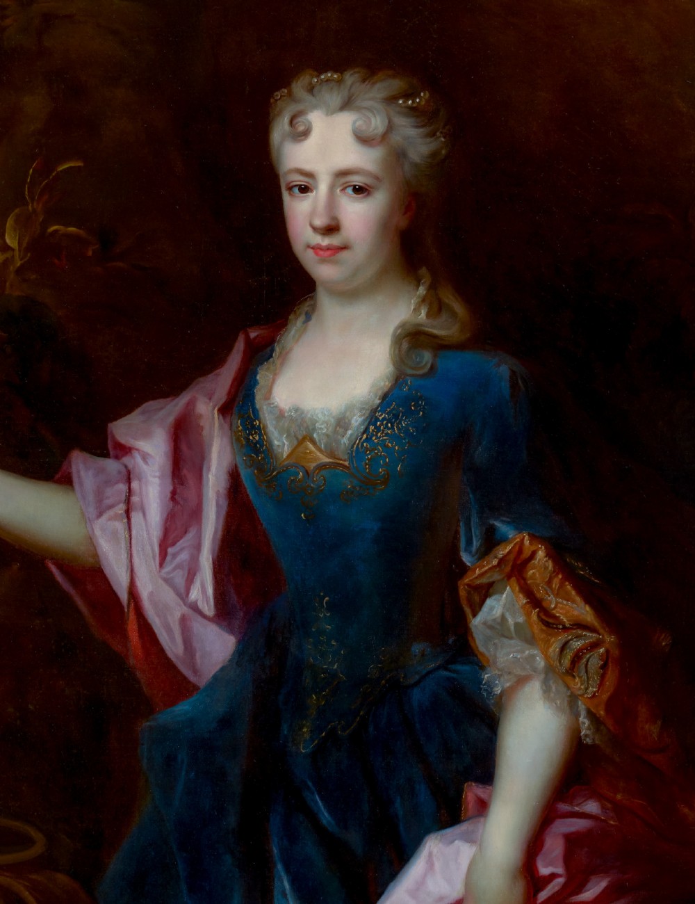 c.1720 Portrait of a Lady in Blue Holding a Flower, Marie-Madeleine de Chamillart; Studio of Robert Levrac-Tournières (1667-1752), Oil on canvas painting View VI