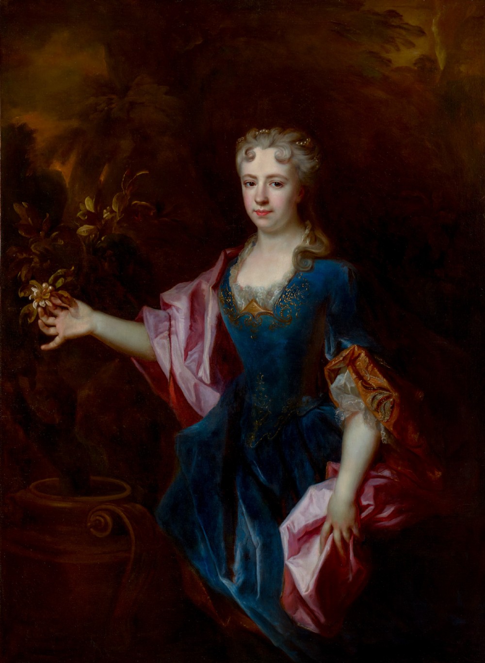 c.1720 Portrait of a Lady in Blue Holding a Flower, Marie-Madeleine de Chamillart; Studio of Robert Levrac-Tournières (1667-1752), Oil on canvas painting View XIII