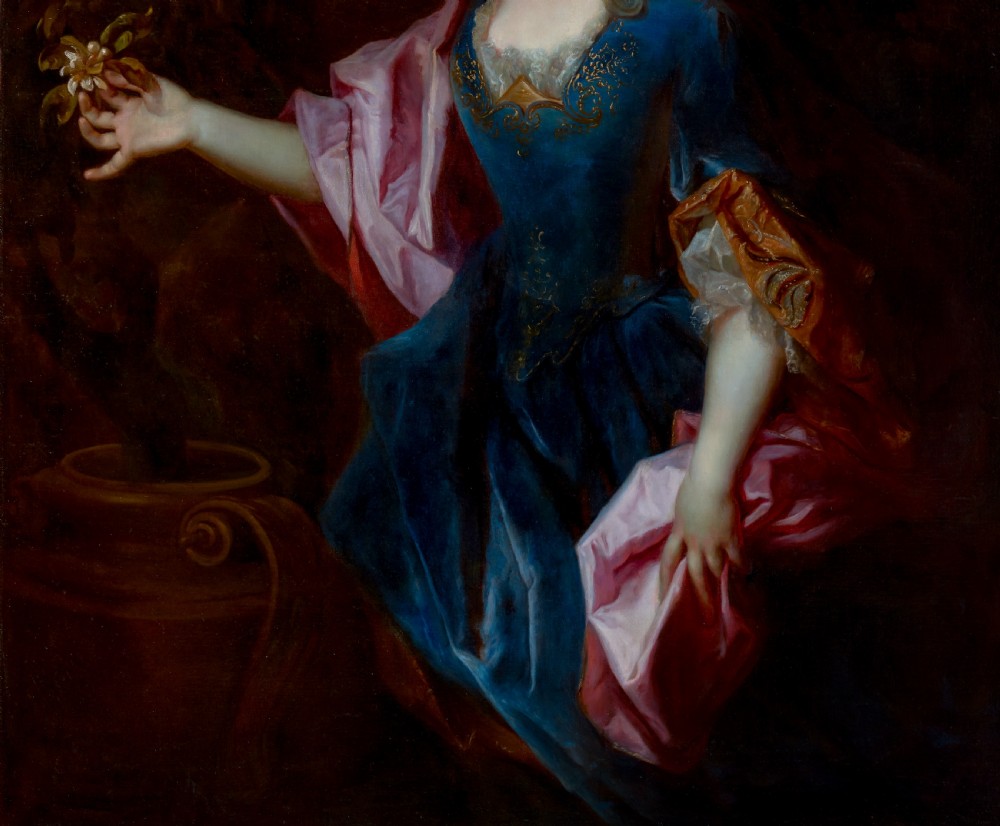 c.1720 Portrait of a Lady in Blue Holding a Flower, Marie-Madeleine de Chamillart; Studio of Robert Levrac-Tournières (1667-1752), Oil on canvas painting View XIX