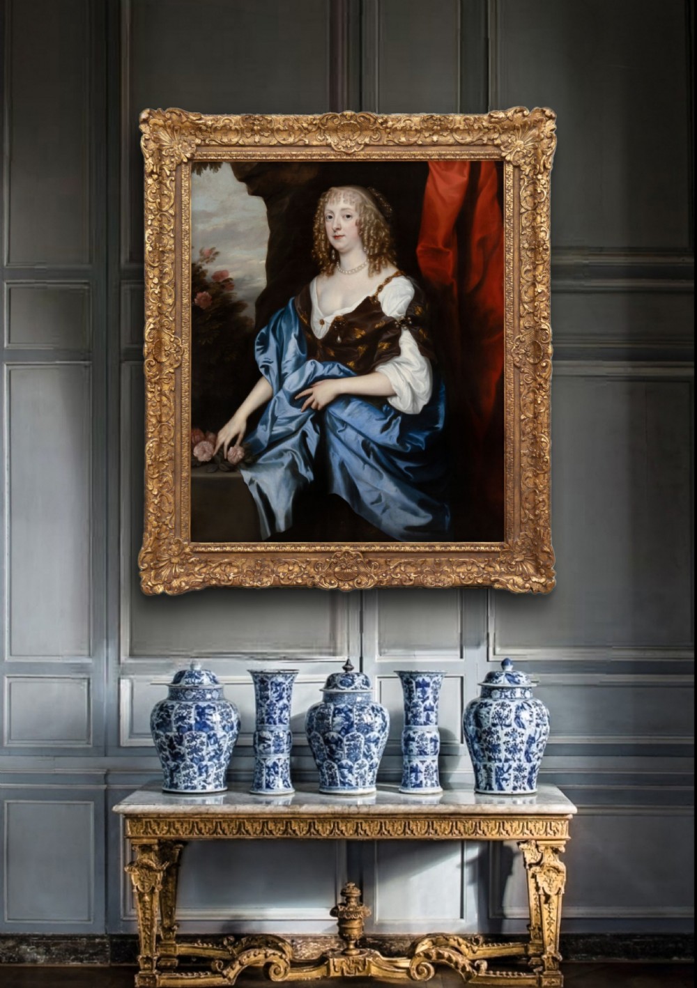 Portrait of Catherine Murray, later Countess of Dysart, Beside a Plinth with Pink Roses, 17th Century; After Sir Anthony Van Dyck, Oil on canvas painting View III