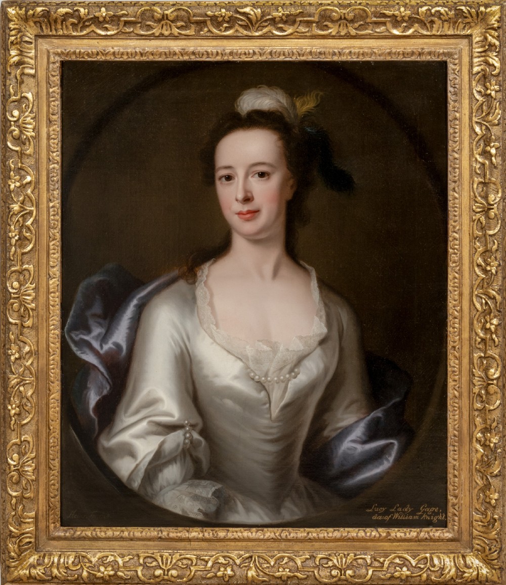 Portrait of Lucy Gage nee Knight in a White Satin Dress and Blue Wrap, Signed & Dated 1748 by John Theodore Heins (1697-1756), Hengrave Hall provenance, Oil on canvas