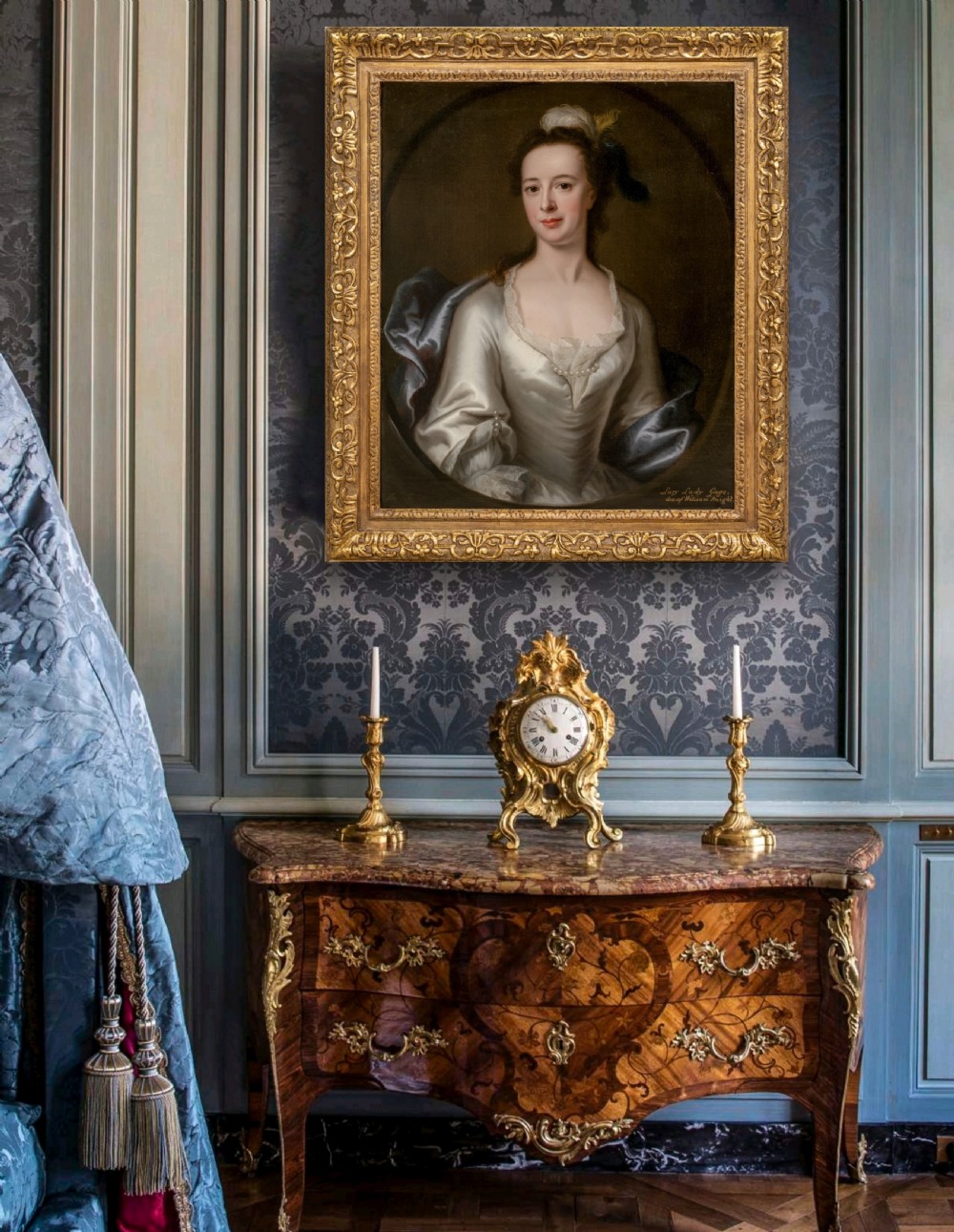 Portrait of Lucy Gage nee Knight in a White Satin Dress and Blue Wrap, Signed & Dated 1748 by John Theodore Heins (1697-1756), Hengrave Hall provenance, Oil on canvas View II