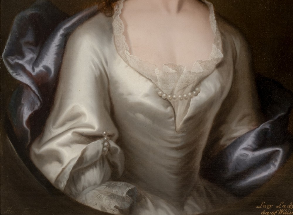 Portrait of Lucy Gage nee Knight in a White Satin Dress and Blue Wrap, Signed & Dated 1748 by John Theodore Heins (1697-1756), Hengrave Hall provenance, Oil on canvas View XI