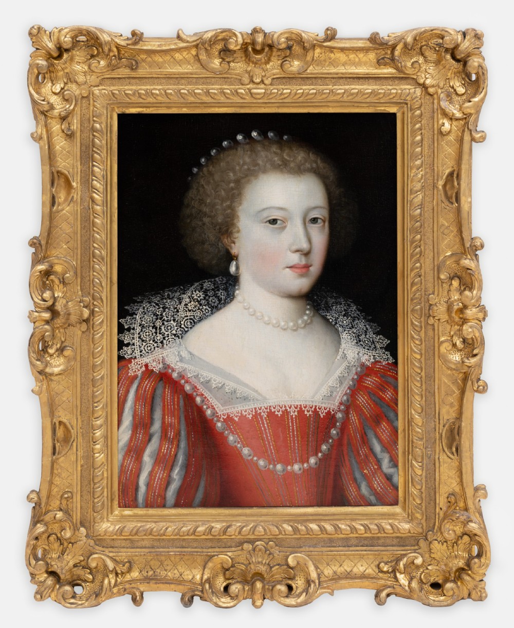 Portrait of a Lady with Scarlet Dress, Lace Collar, and Pearl Jewellery c.1620; by Claude Deruet (1588–1660), Oil on panel painting