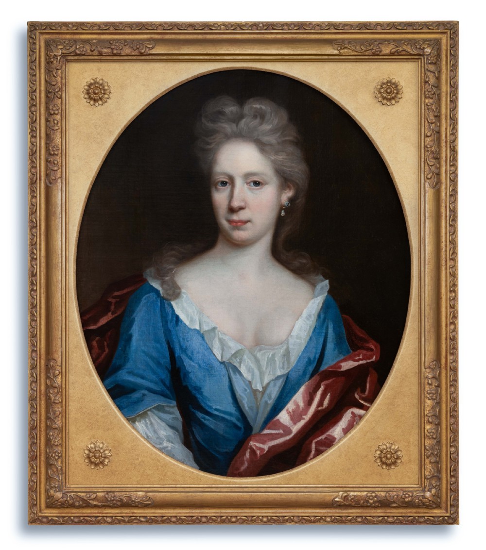 c.1695 Portrait of a Lady in Blue Silk Dress and Crimson Mantle; by Thomas Murray (1663–1735), Oil on canvas painting